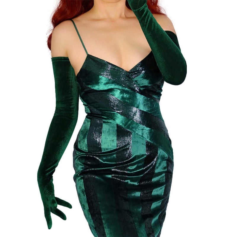 DooWay Women Super Long Velvet Gloves Dark Green 28 inches Stretch Soft Opera Formal Halloween Christmas Party Gloves - Image 2